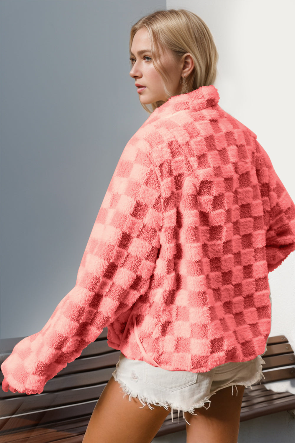 Double Take Checkered Long Sleeve Fuzzy Jacket - GimmeWarehouse