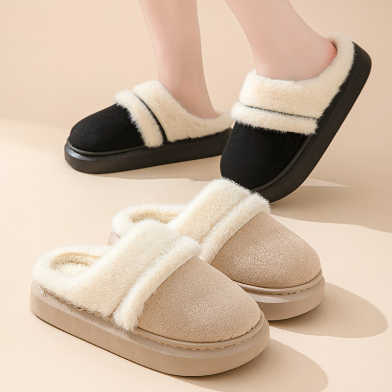 Fashion Warm Cotton Slippers For Women Leisure Thick Bottom Non-slip Plus-velvet House Shoes Winter Bedroom Floor Suede Slipper - GimmeWarehouse