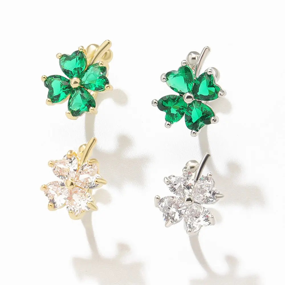 Green Lucky Four-Leaf Clover White Elegant Copper Ear Clip - GimmeWarehouse