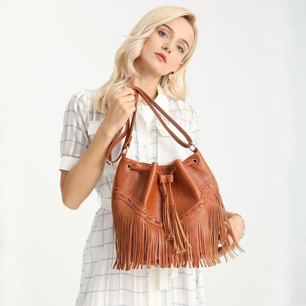 Women's Bag Casual Drawstring Factory Handmade Tassel Bucket Bag PU Tassel Women's Messenger Bag Gimme that