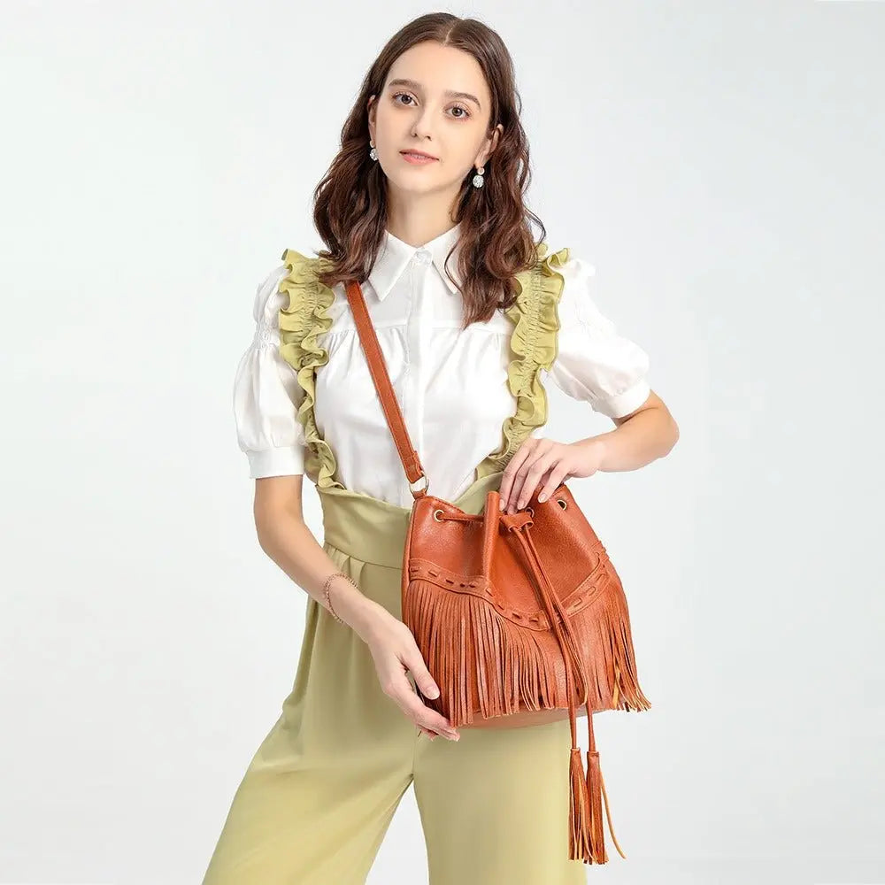 Women's Bag Casual Drawstring Factory Handmade Tassel Bucket Bag PU Tassel Women's Messenger Bag Gimme that