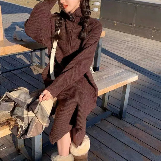 Knee-Length Knitted Sweater Dress Women's Autumn And Winter Long New Loose Retro Zipper Skirt Knitted Dress Gimme that