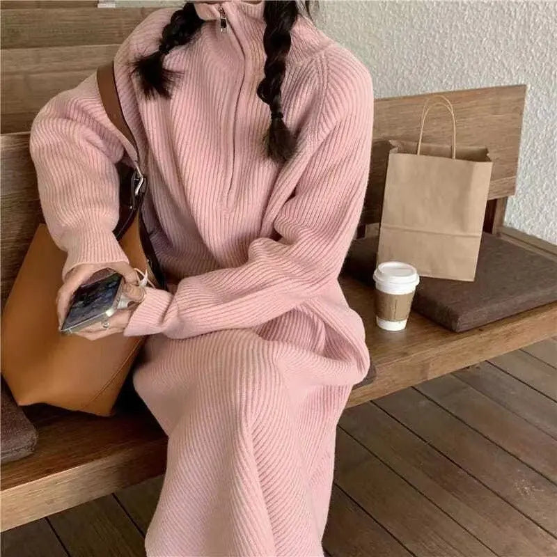 Knee-Length Knitted Sweater Dress Women's Autumn And Winter Long New Loose Retro Zipper Skirt Knitted Dress Gimme that