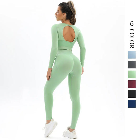 Peach Seamless Knitting Backless High Elastic Long Sleeve Yoga Suit Sports Running Fitness Two-Piece Set For Women Gimme that