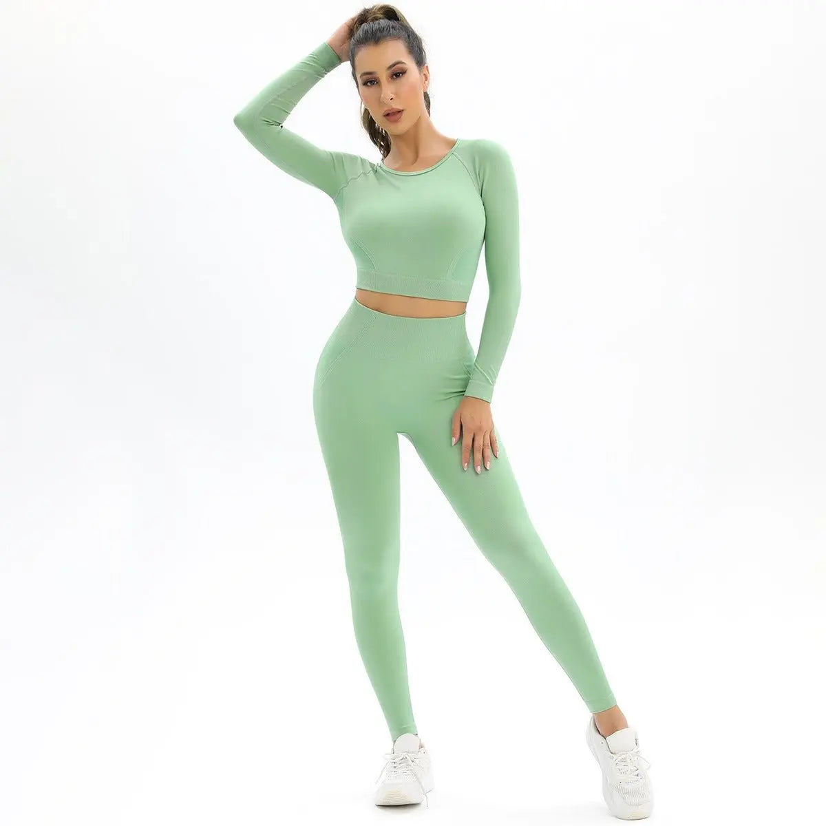 Peach Seamless Knitting Backless High Elastic Long Sleeve Yoga Suit Sports Running Fitness Two-Piece Set For Women Gimme that