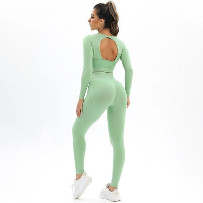 Peach Seamless Knitting Backless High Elastic Long Sleeve Yoga Suit Sports Running Fitness Two-Piece Set For Women Gimme that