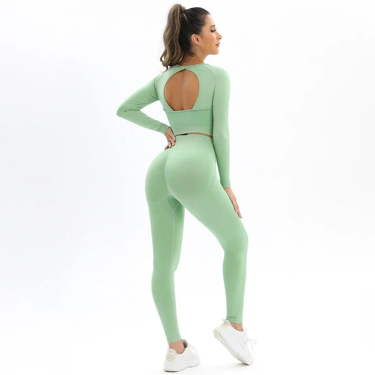 Peach Seamless Knitting Backless High Elastic Long Sleeve Yoga Suit Sports Running Fitness Two-Piece Set For Women Gimme that