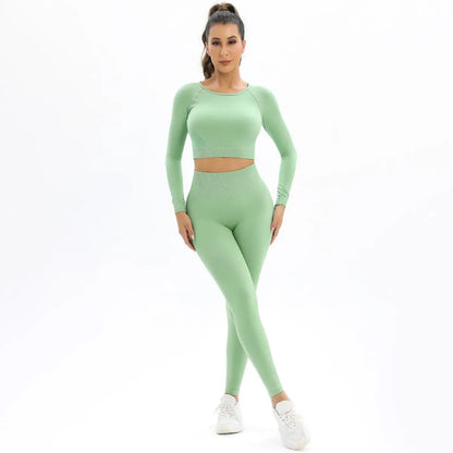 Peach Seamless Knitting Backless High Elastic Long Sleeve Yoga Suit Sports Running Fitness Two-Piece Set For Women Gimme that