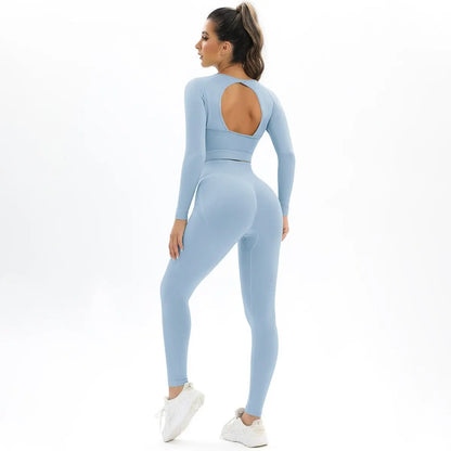 Peach Seamless Knitting Backless High Elastic Long Sleeve Yoga Suit Sports Running Fitness Two-Piece Set For Women Gimme that