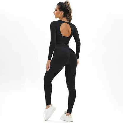 Peach Seamless Knitting Backless High Elastic Long Sleeve Yoga Suit Sports Running Fitness Two-Piece Set For Women Gimme that