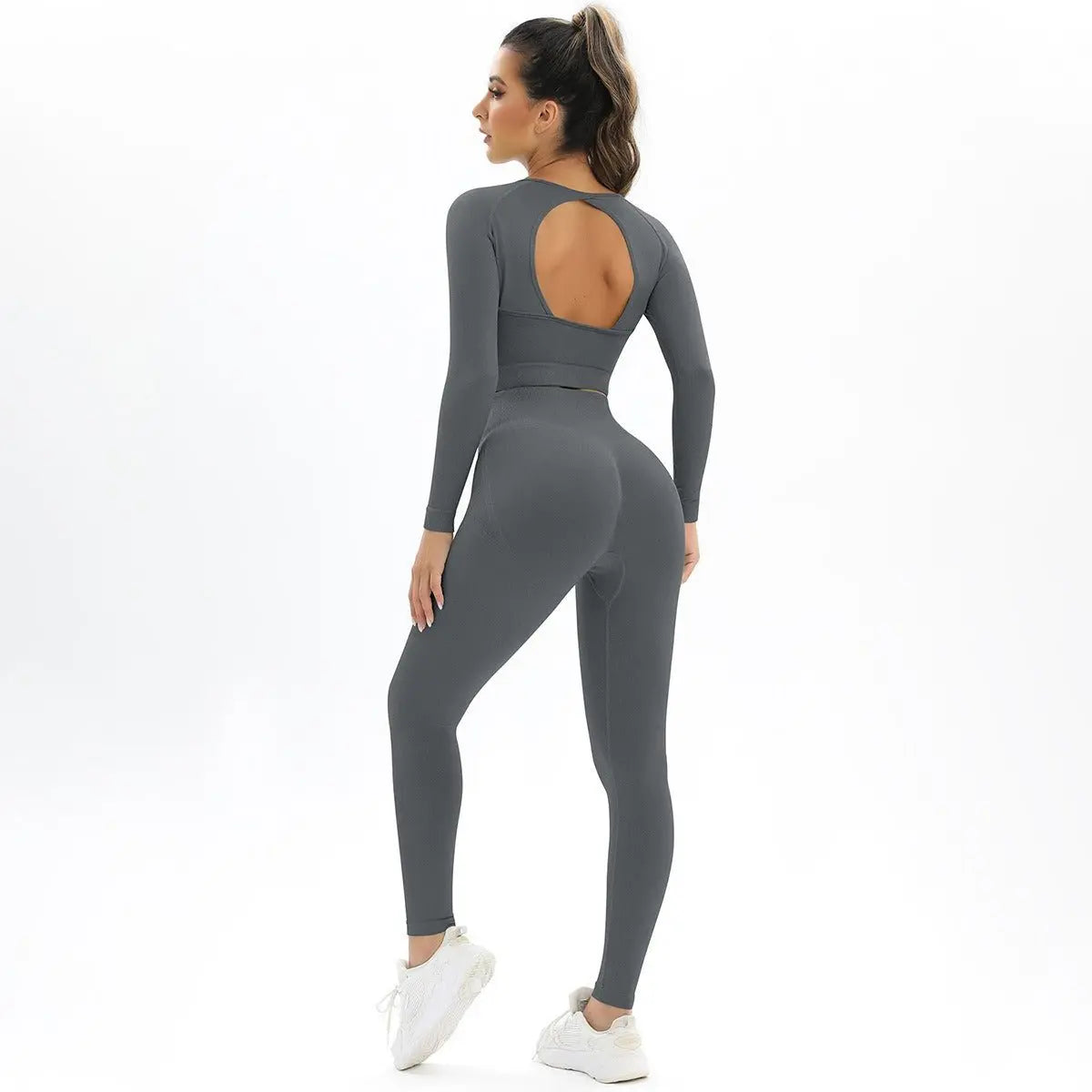 Peach Seamless Knitting Backless High Elastic Long Sleeve Yoga Suit Sports Running Fitness Two-Piece Set For Women Gimme that