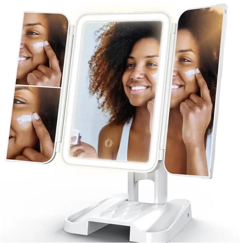 LED Light Makeup Mirror Magnifying Cosmetic 3 Fold Vanity Mirror 180 Rotation Adjustable Touch Dimmer Table Makeup Mirror Gimme that