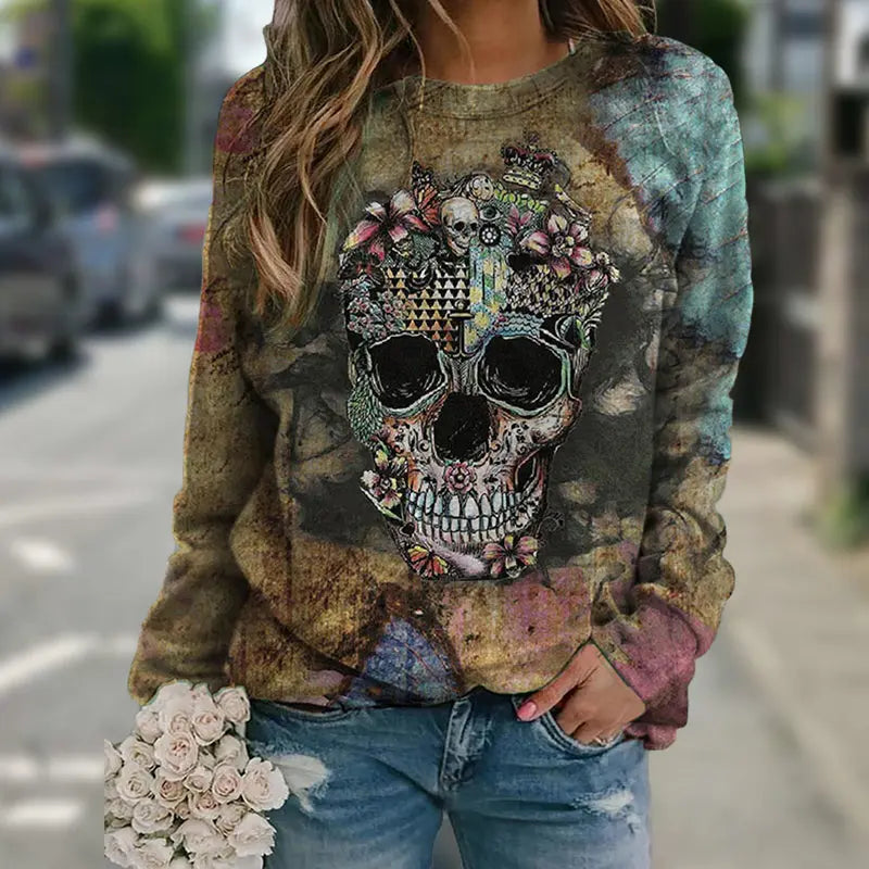 Long sleeve skull print sweatshirt - GimmeWarehouse