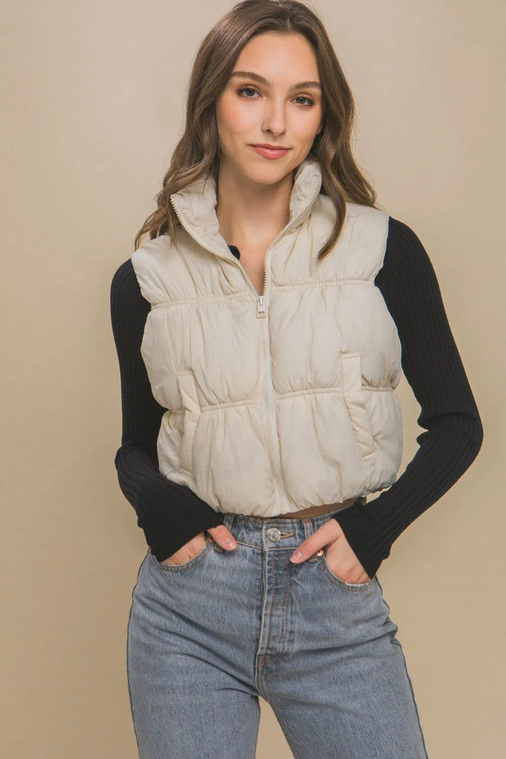 Love Tree Zip Up Turtleneck Cropped Vest Coat - GimmeWarehouse