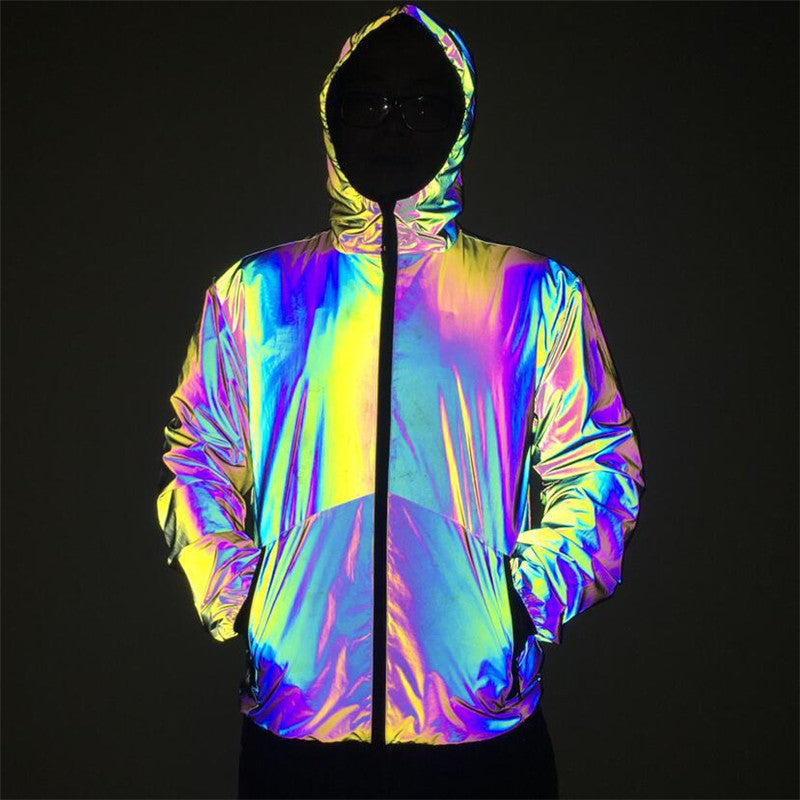 Men Reflective Hooded Jacket Casual Night Colorful Windbreaker Man Hip-hop Coats - GimmeWarehouse