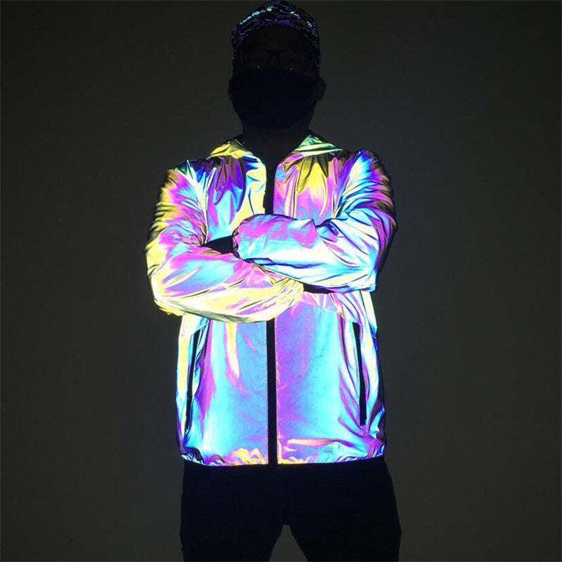 Men Reflective Hooded Jacket Casual Night Colorful Windbreaker Man Hip-hop Coats - GimmeWarehouse