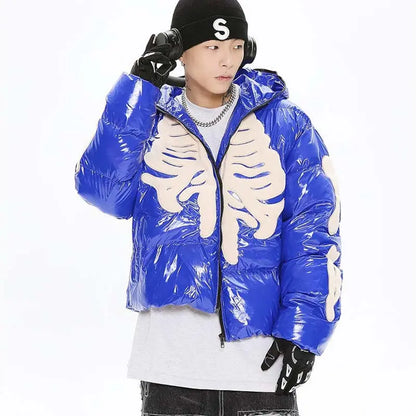 Street Retro Flocking Embroidery Skeleton Men's Hooded Cotton Jacket Gimme that