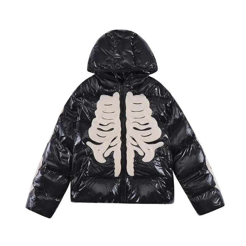 Street Retro Flocking Embroidery Skeleton Men's Hooded Cotton Jacket Gimme that