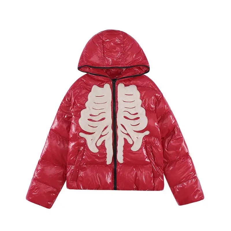 Street Retro Flocking Embroidery Skeleton Men's Hooded Cotton Jacket Gimme that