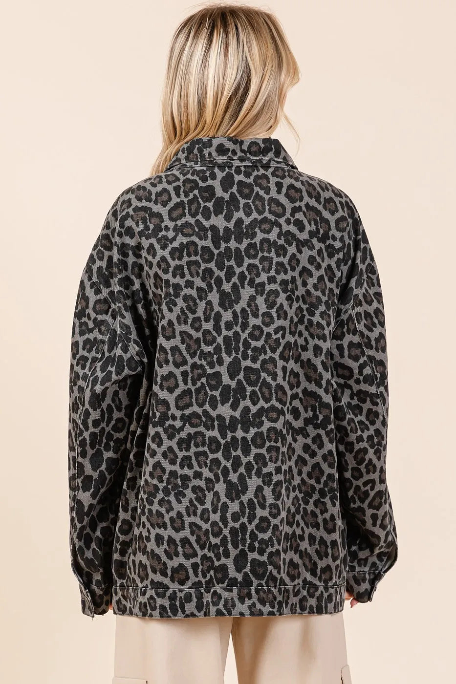 Mittoshop Leopard Button Up Denim Shacket With Breast Pockets - GimmeWarehouse