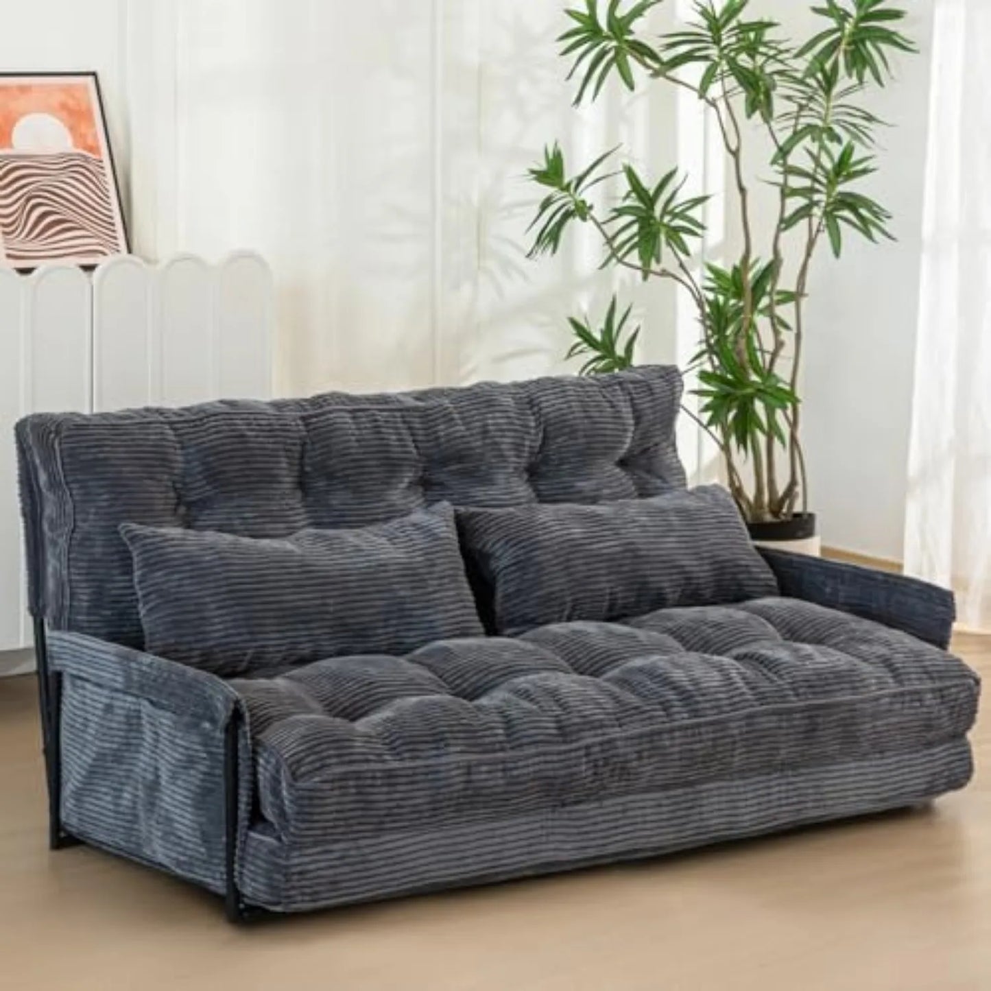 Adjustable Floor Sofa Couch with 2 Pillows Multi-Functional Bean Bag Bed 5-Position Foldable Lazy Sofa Sleeper Bed with Armrest