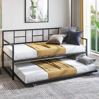 Twin Daybed with Pull Out Trundle/Steel Slat Support/Space Saving Adjustable Height Sofa Bed Couch and Multi-Functional