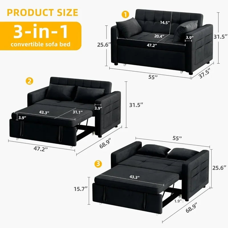 55'' Convertible Sofa Bed | 3-in-1 Sleeper Sofa with Pull-Out Bed | Velvet Futon Couch - HomeComforts