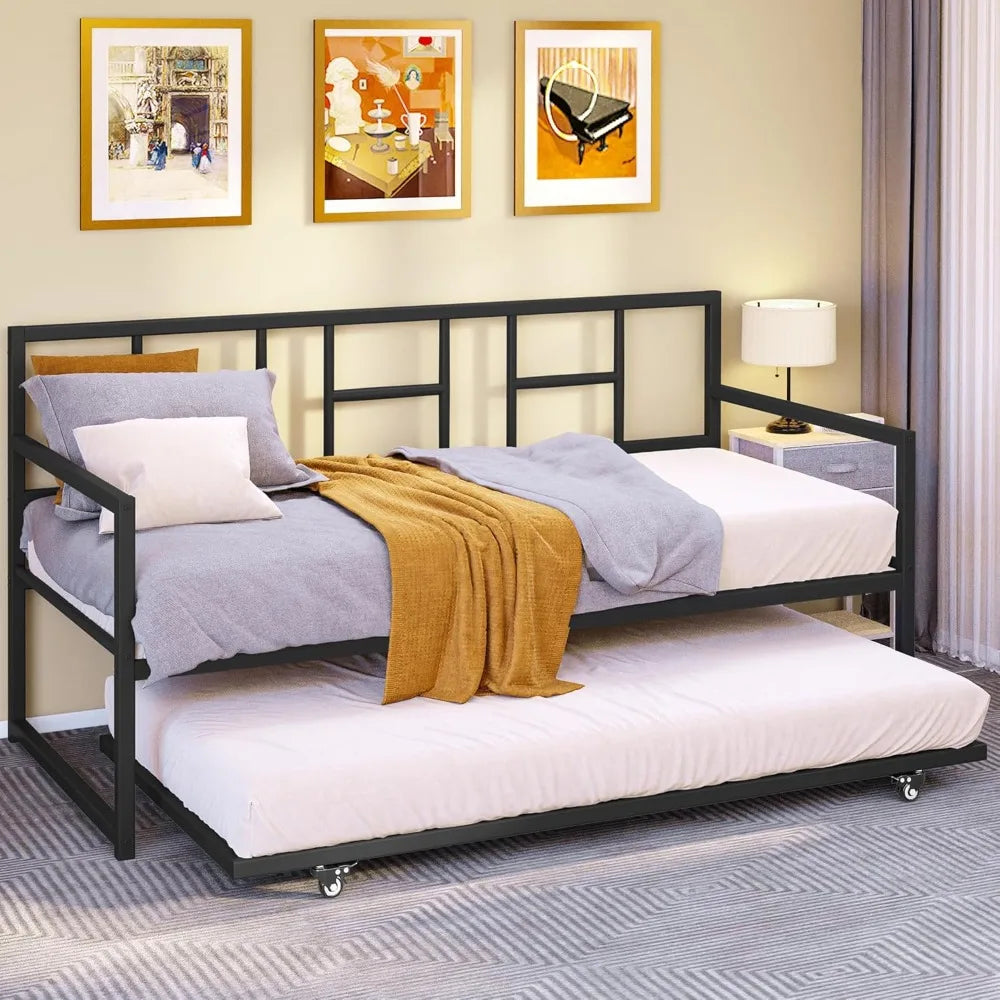 Twin Daybed with Pull Out Trundle/Steel Slat Support/Space Saving Adjustable Height Sofa Bed Couch and Multi-Functional