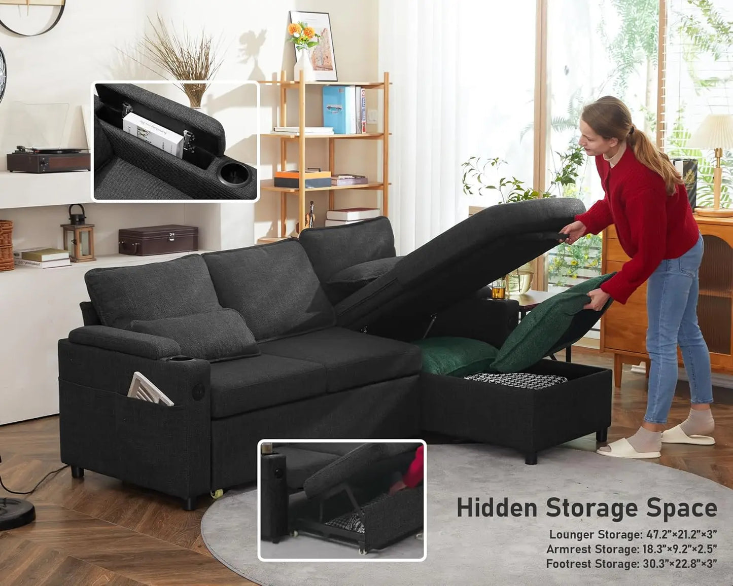 Sofa Bed Sleeper Pull Out 2 in 1 Sectional Sleeper Sofa Couches with Storage USB Cup Holder Pullout Sectional Couches