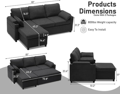 Sofa Bed Sleeper Pull Out 2 in 1 Sectional Sleeper Sofa Couches with Storage USB Cup Holder Pullout Sectional Couches