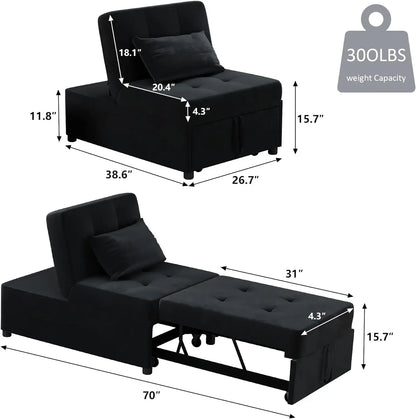 Convertible Chair Bed Sleeper, Velvet 4 in 1 Single Sofa Folding Chair Ottoman, Pull Out Small Couch Ottoman Bed  (Velvet Black)