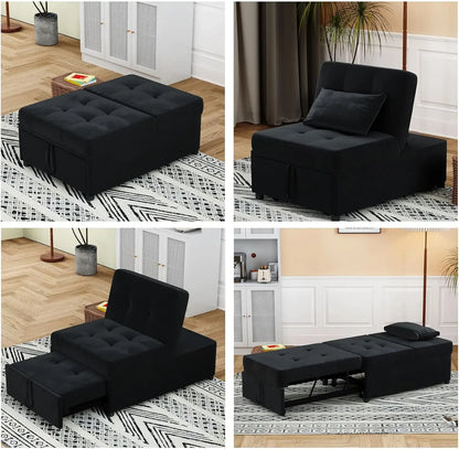 Convertible Chair Bed Sleeper, Velvet 4 in 1 Single Sofa Folding Chair Ottoman, Pull Out Small Couch Ottoman Bed  (Velvet Black)