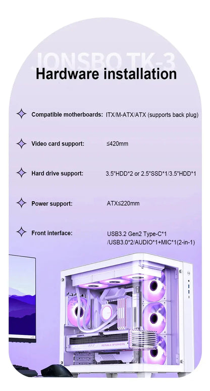 JONSBO TK-3 ITX/M-ATX/ATX Case for PC Gamer Cabinet Desktop Chassis Esports Game Case Support Dual 360 Water Cooler