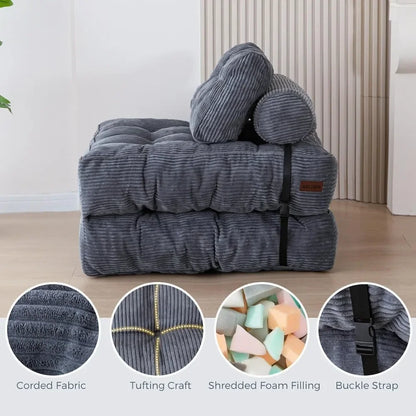 Sofa Bed Convertible Sleeper Chair with Pillow Foldable Mattress with Back Support, Portable Fold Out Chair Bed Comfy Floor Sofa