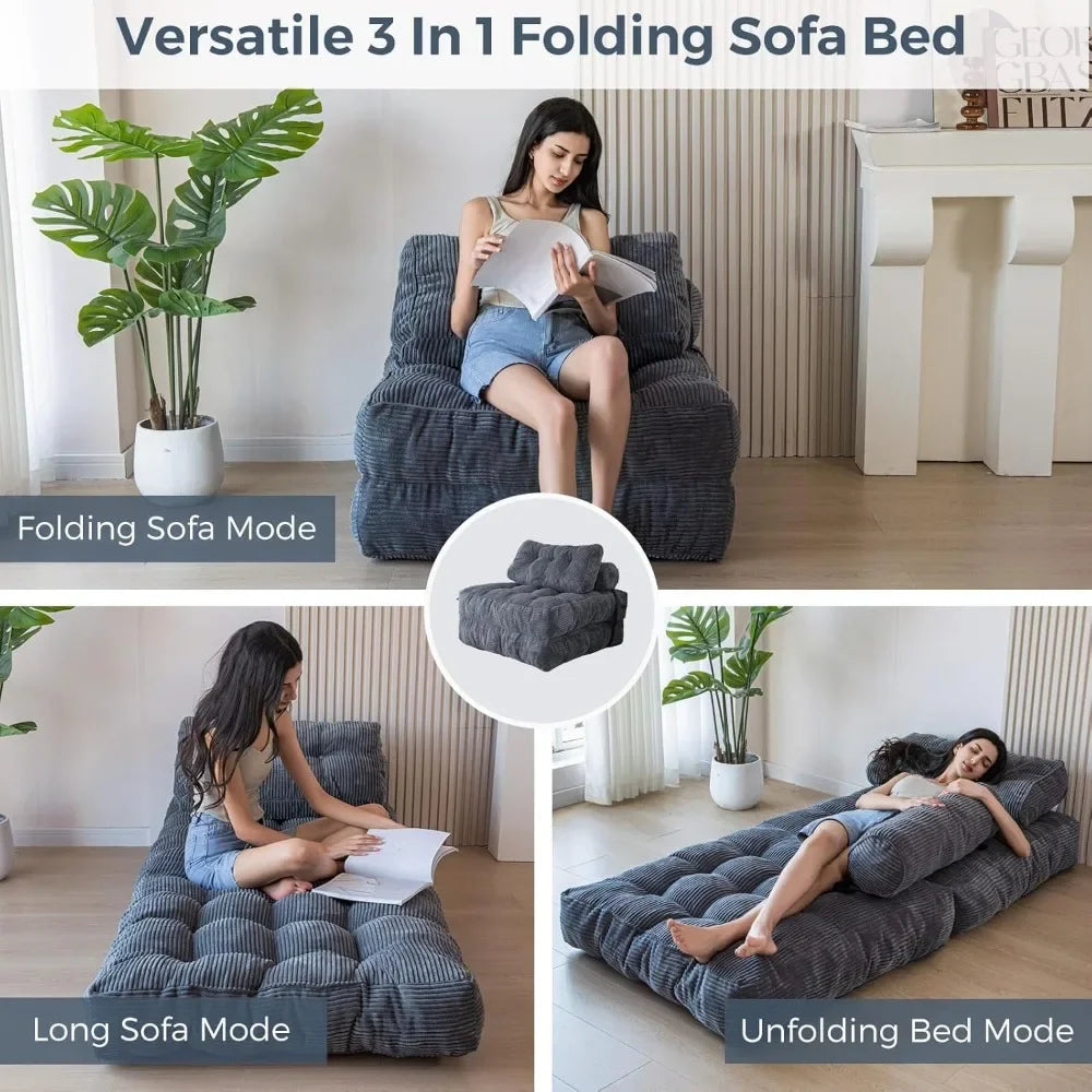 Sofa Bed Convertible Sleeper Chair with Pillow Foldable Mattress with Back Support, Portable Fold Out Chair Bed Comfy Floor Sofa