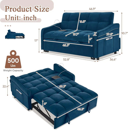 3 in 1 Sleeper Sofa Couch Bed with USB & Type C Port, 52" Small Modern Convertible Tufted Velvet Loveseat Sofa w/Pull Out Bed