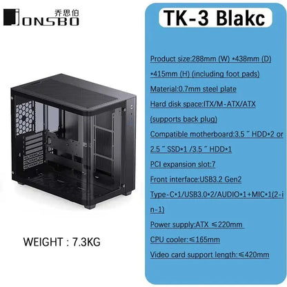 JONSBO TK-3 ITX/M-ATX/ATX Case for PC Gamer Cabinet Desktop Chassis Esports Game Case Support Dual 360 Water Cooler