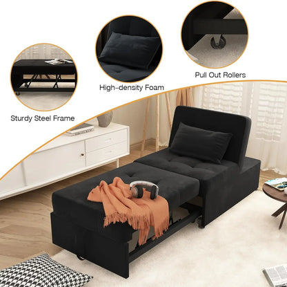 Convertible Chair Bed Sleeper, Velvet 4 in 1 Single Sofa Folding Chair Ottoman, Pull Out Small Couch Ottoman Bed  (Velvet Black)