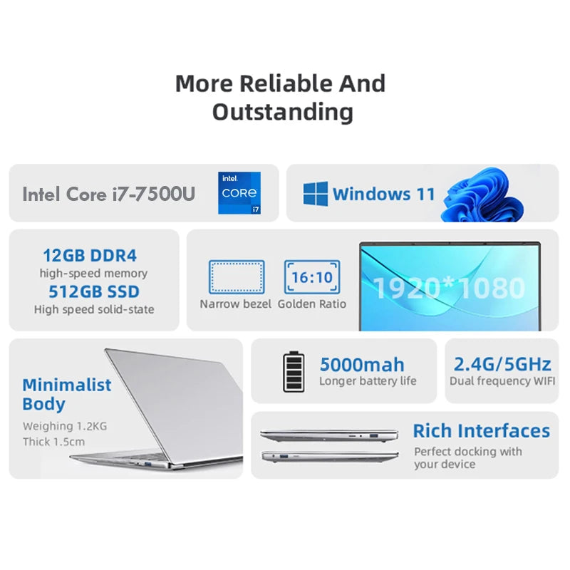 14.1'' Office Gaming Laptop Computer Windows 11 12GB DDR4 512GB SSD Intel Celeron J4025 Unlock Notebook PC Computer FHD Display