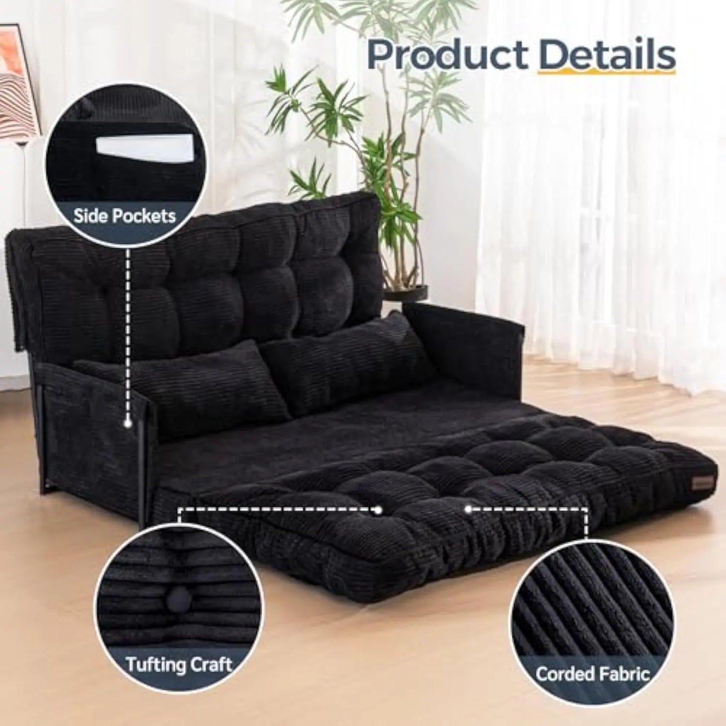 Adjustable Floor Sofa Couch with 2 Pillows Multi-Functional Bean Bag Bed 5-Position Foldable Lazy Sofa Sleeper Bed with Armrest