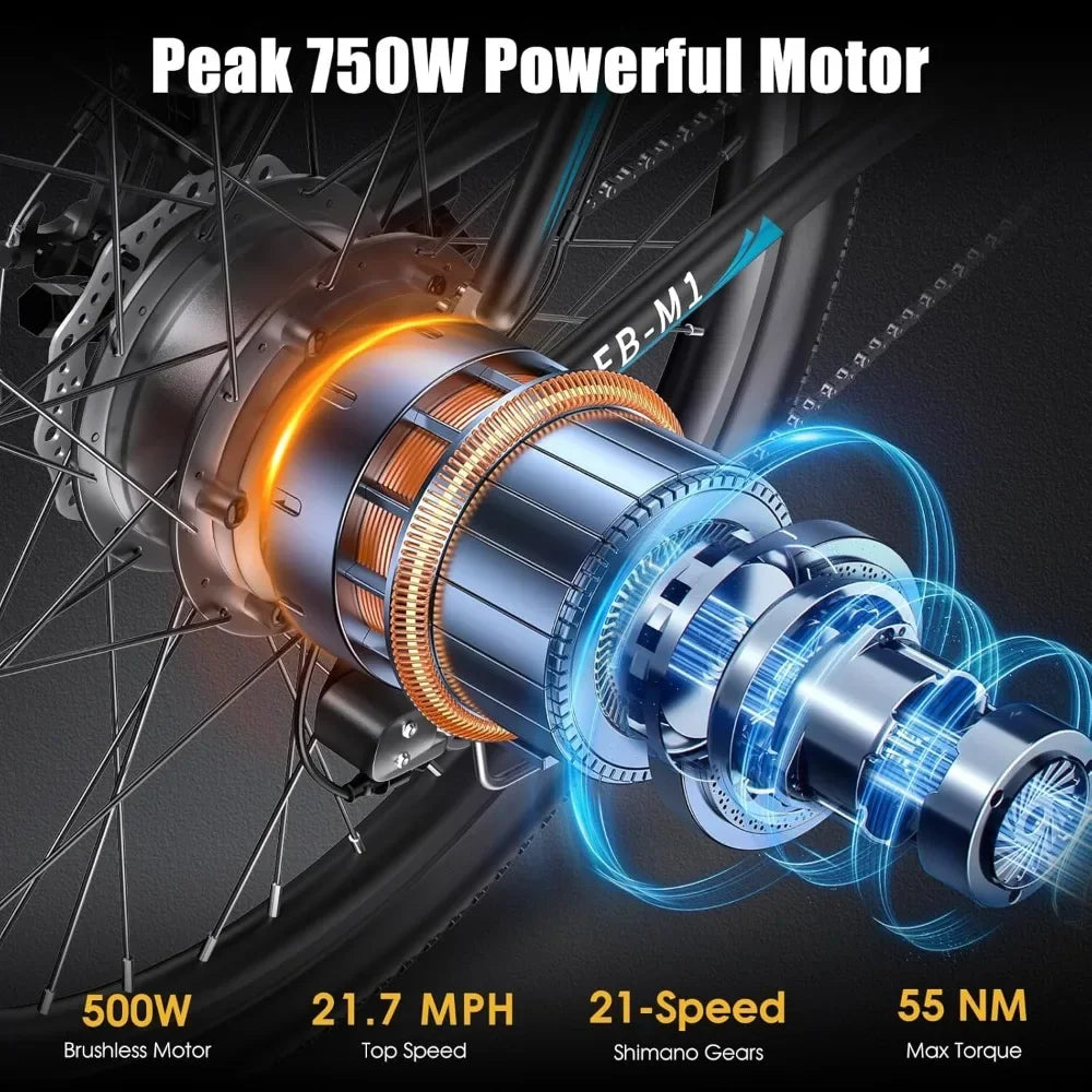 Adult Electric Bike, 750W Peak, 50MPH at 21.7Mph, 26" 48V 374.4WH Battery with Adjustable Stem, Fenders, 21 Speed