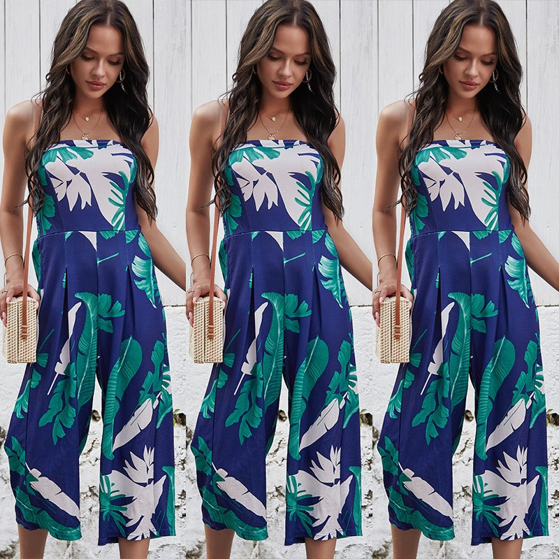 Sexy Chest Wrapped Digital Printed Jumpsuit Wide Leg Pants For Women - GimmeWarehouse