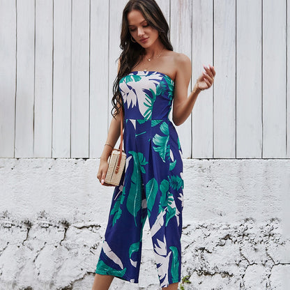 Sexy Chest Wrapped Digital Printed Jumpsuit Wide Leg Pants For Women - GimmeWarehouse