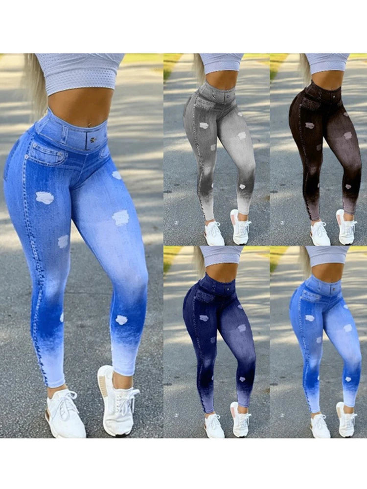 Sexy Faux Denim Jeans High Waist Leggings Pencil Pants Elastic Casual Trousers Girl Imitation Jean Jeggings - GimmeWarehouse