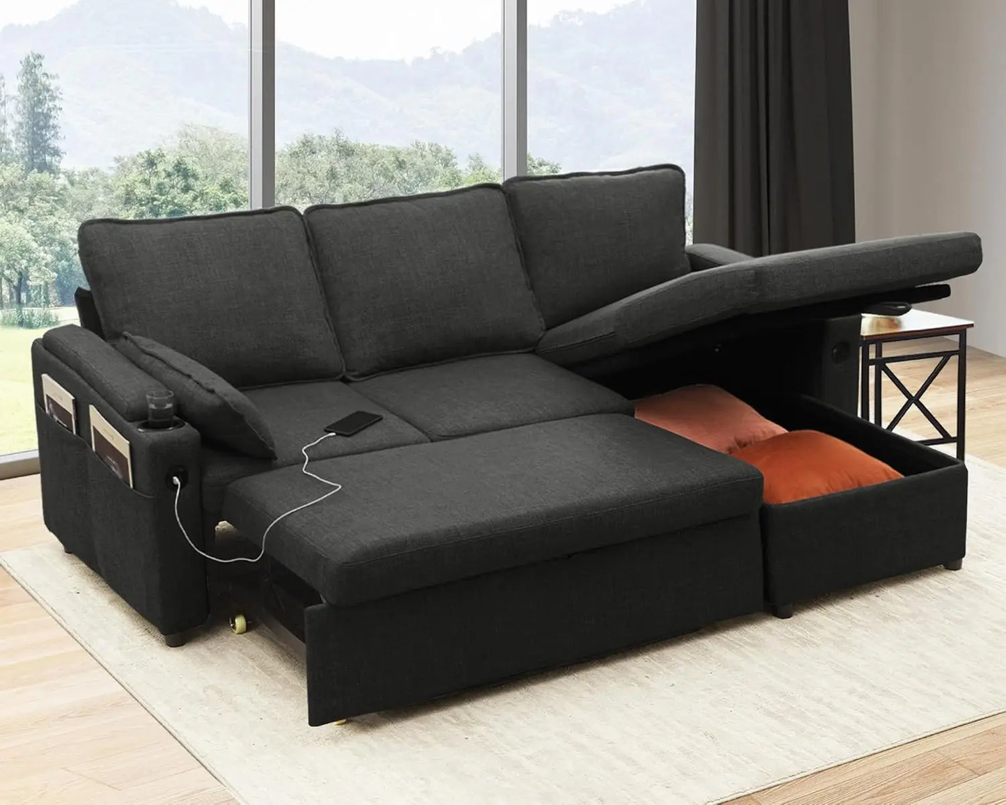 Sofa Bed Sleeper Pull Out 2 in 1 Sectional Sleeper Sofa Couches with Storage USB Cup Holder Pullout Sectional Couches