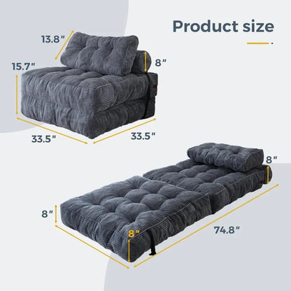 Sofa Bed Convertible Sleeper Chair with Pillow Foldable Mattress with Back Support, Portable Fold Out Chair Bed Comfy Floor Sofa