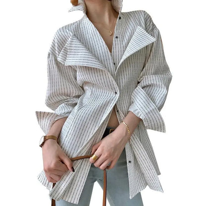 Spring New Casual Slim Type With Suit Collar Side Opening Long-Sleeved Fashion Striped Women's Shirt Gimme that