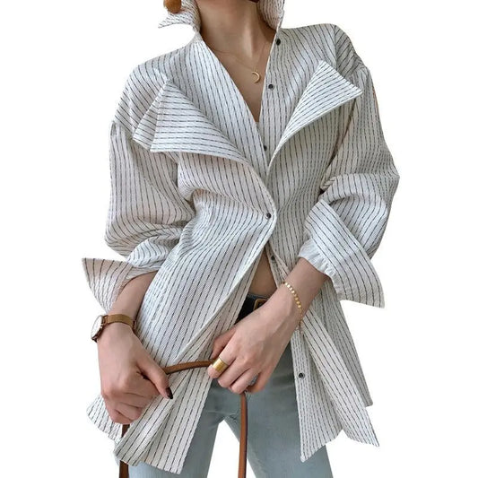 Spring New Casual Slim Type With Suit Collar Side Opening Long-Sleeved Fashion Striped Women's Shirt Gimme that