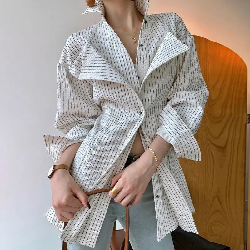 Spring New Casual Slim Type With Suit Collar Side Opening Long-Sleeved Fashion Striped Women's Shirt Gimme that