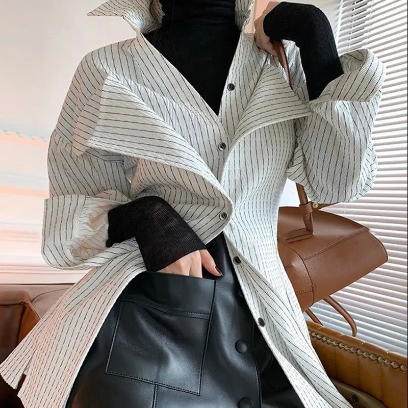 Spring New Casual Slim Type With Suit Collar Side Opening Long-Sleeved Fashion Striped Women's Shirt Gimme that